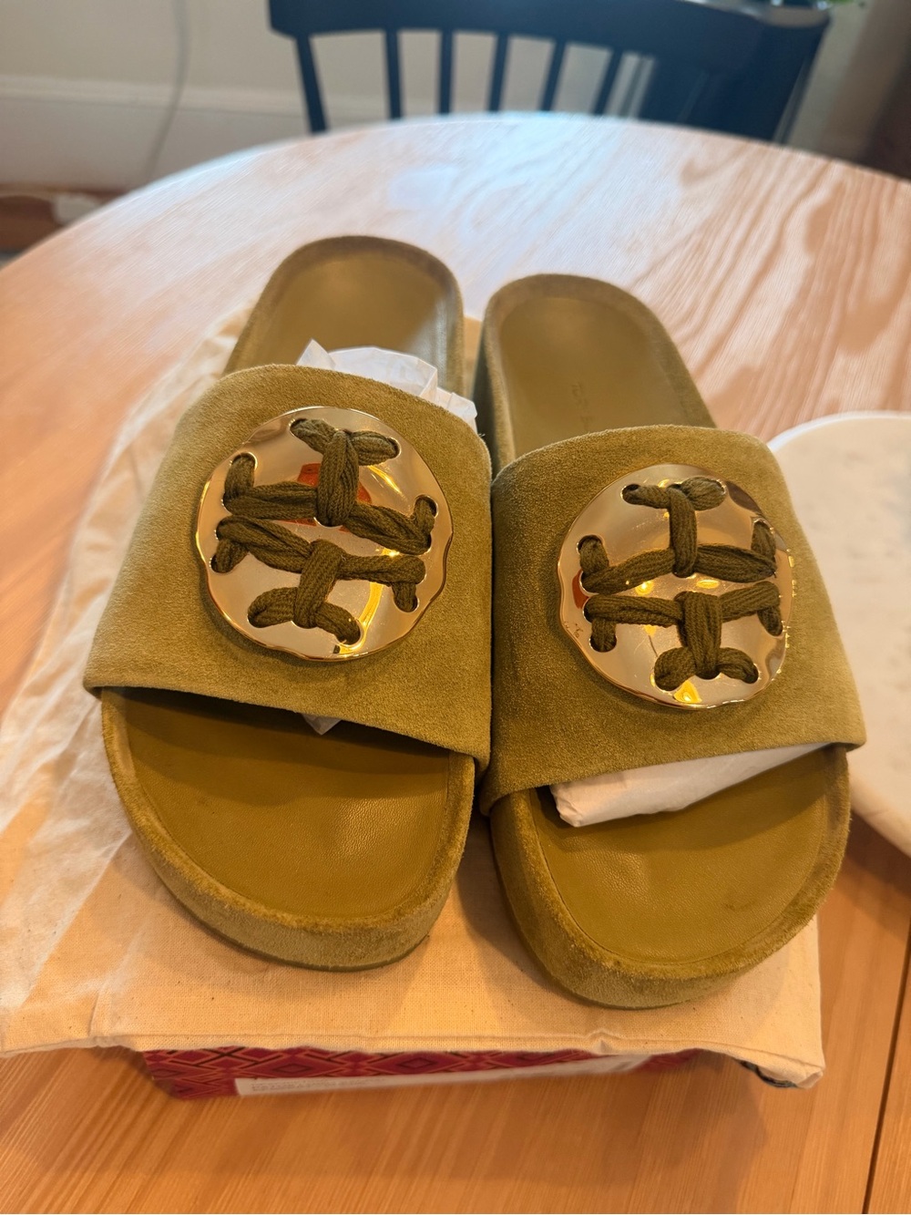 Tory Burch Olive Suede Slide Mules with Gold Logo Disk